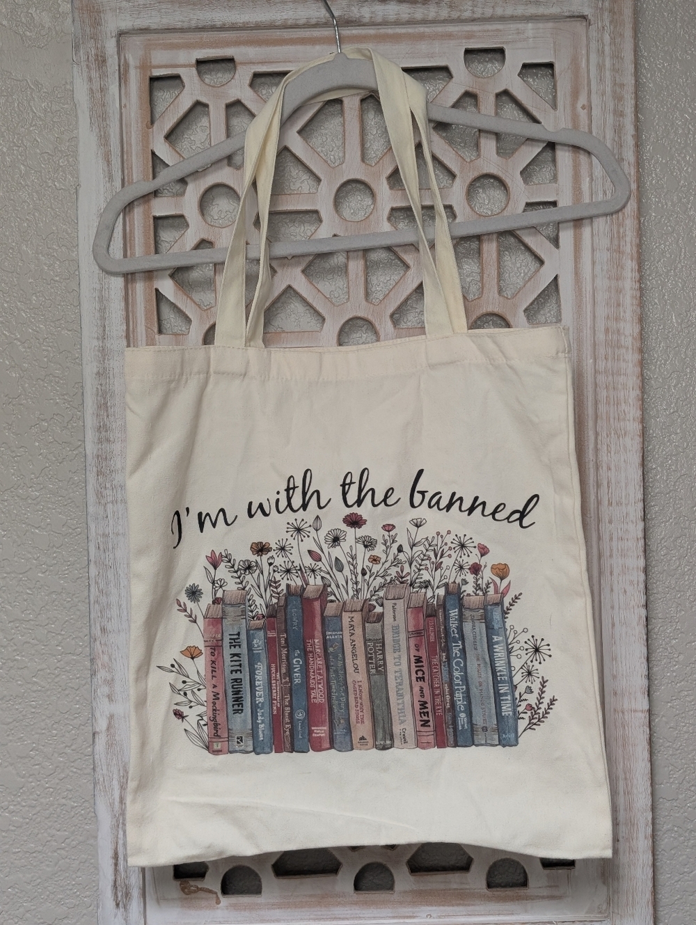 I'm With the Banned canvas tote book bag beige librarian book worm rebellion